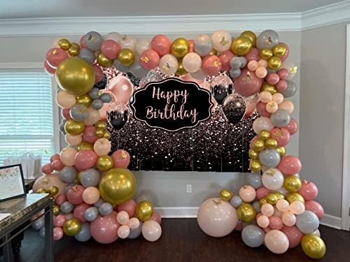 Поради роденденска позадина на розово злато за жени 18 -ти 20 -ти 40 -ти 50 -ти 60 -ти 60 -ти 70 -ти среќен роденден, црна и розова сјајна балон Балон за роденденска забава Фото