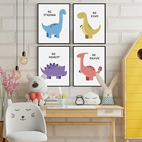 Постери за wallидни уметности на диносаурус, сет од 4 мотивациони цитати за украси за украси за расадник и детска соба, тираносаурус, уметнички дела Стегосаурус и Три?