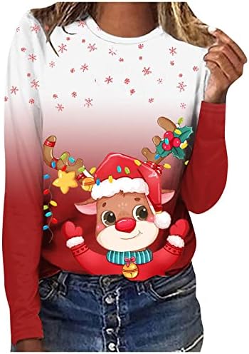 Една есенска кошули за жени 2022 година О-вратот за Божиќно печатење на врвови на врвот на лекови опуштени долги божиќни џемпери
