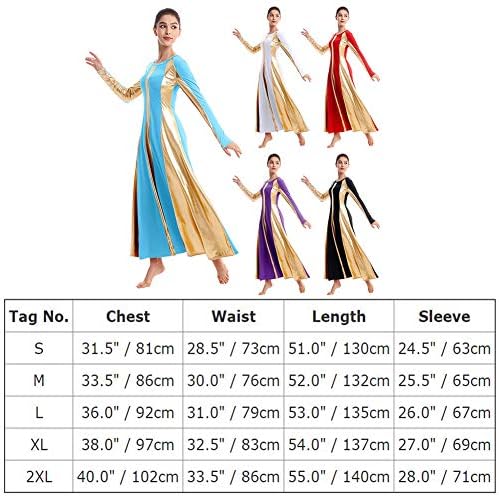 Ибаком жени возрасни метални златни бои во боја со долг ракав пофалби танцувачки фустан лабаво одговара на целосна должина литургиско