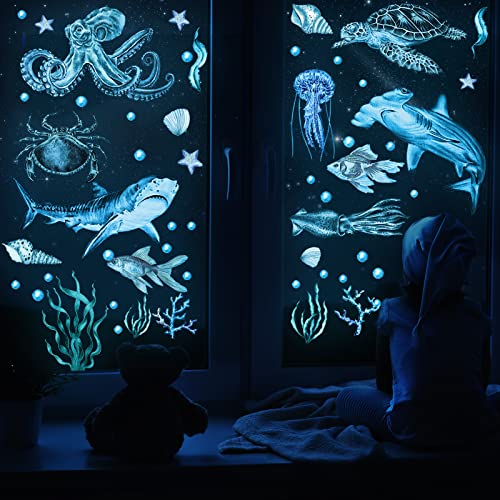 4 парчиња сјај во decидот на темниот океан под морскиот wallид декларации риба wallидни декорации ПВЦ морски животни налепници