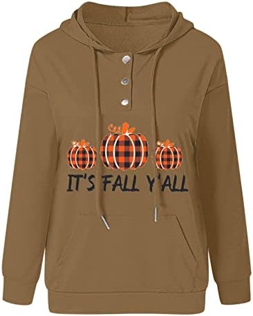 Dreamlascar женски дуксери 2022 есенски модни џемпери на есенски копчиња за долги ракави, надолу со качулка, лабава џеб врвови