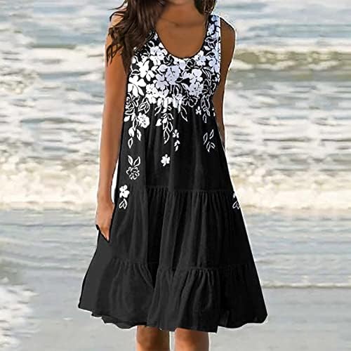 Icodod фустан женски 2023 летен обичен тркалезен резервоар без ракави на вратот плажа замав цветни фустани за печатење за жени