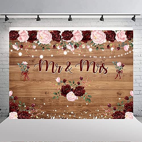 Ticuenicoa 7 × 5ft MR & MRS Bridal Shower Backdrop Денот на вineубените г -ѓа г ​​-ѓа свадба ангажман Бургундија розови цветни парови позадина Рустикална гроздобер шема дијаманти дијама?