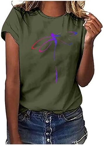 Основни маички за женски случајни екипаж, кратки ракави, симпатични елф печати летни маички врвни врвни врвни маици