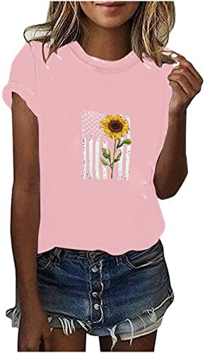 Краток ракав за жени 2023 Графички сончоглед печати цветни обични врвни маички со екипаж на вратот на вратот за дами CV