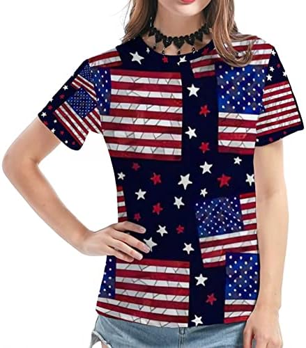 Женски патриотски маици Денот на независноста Starвезда Стрип печатена летна летна обична врата со кратки ракави за кратки ракави,