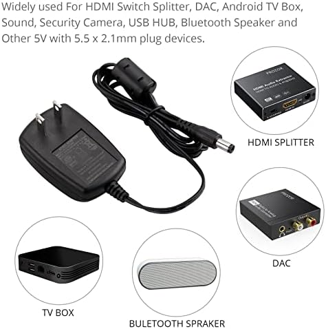 Адаптер за напојување Progor, адаптер за напојување со AC 5V 1A Transformers wallиден полнач DC должина на кабел 153см со приклучок од 5,5 mm за сплитер на прекинувачот HDMI, DAC, CCTV, IP каме?