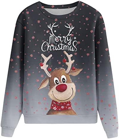 Божиќни кошули за жени Божиќни врвови за жени слатки ирваси печати случајно лабава лабава долга ракав екипаж џемпери џемпери џемпери џемпери