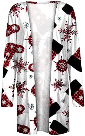 Christmasенски миди кардиган палто Божиќ печатено предно отворено лабава лесна лежерна долга ракави блузи врвови со џеб