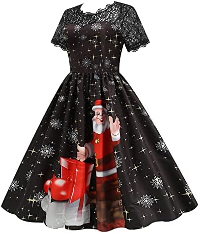 Christmasенски Божиќен чипка фустан од ракав 1950 -ти Смешна графичка вечер забава матурска фустан XMAS Casual Loose Swing Fusates