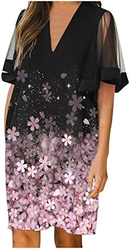 Nokmopo фустан со краток ракав за жени лето лето лабава цврста цврста врата со кратки ракави мини фустани женски фустани