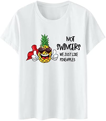 Плус големина летни врвови за жени, симпатична ананас печатена летна маица со кратки ракави, обични графички маички