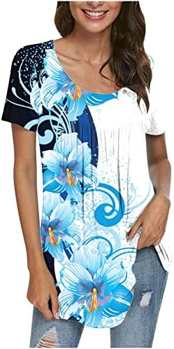 Есен лето, жени со кратки ракави со кратки ракави, памук цвет графички лабав вклопување опуштено вклопување обичен врвен маица