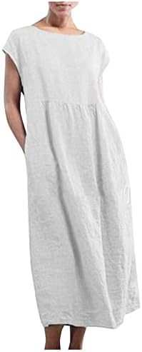 Макси фустан за жени, женска летна обична цврста боја на ракави без ракави О-врат од лабава џеб за бод.