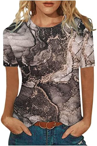 Женски врвови 2023 летни маици со краток ракав мода за печатење блуза Обичен екипаж лабава туника Врвна дама гроздобер графички