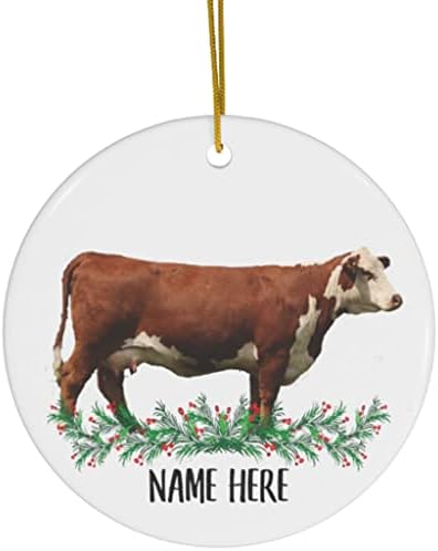 Смешно црвено Хефорд говеда Персонализирано име подароци 2023 украси за новогодишна елка Керамика
