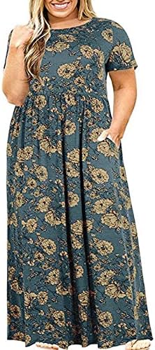 Womenените плус големина макси фустан цветен принт со краток ракав фустан дами летни обични плетени бохо долги вртежи фустани