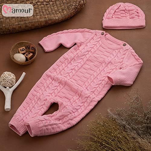 Мамур органски памучен кабел плетен, бучен џемпер ромпер со топла капа за момчиња, девојчиња, бебе, новороденче, мали деца и