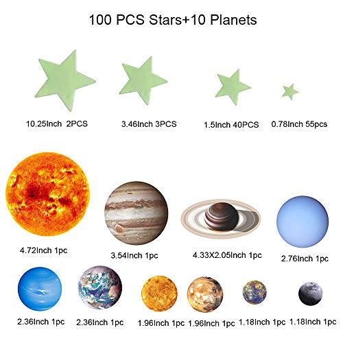 Сјај во темните starsвезди и планети соларни системи wallидни решенија, 110 парчиња блескави тавански вселенски бродови starsвезди