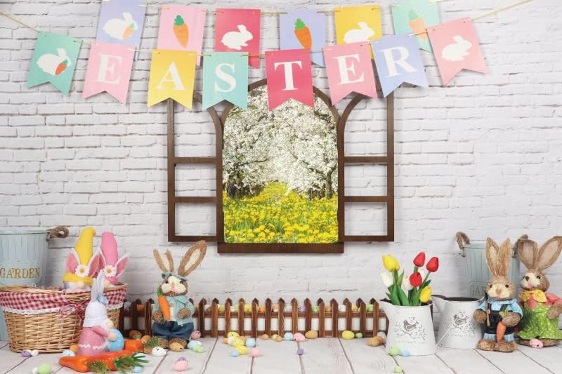 Awert vinyl 12x10ft пролет Велигденска позадина бел wallид кафеав прозорец цветни предели разнобојни јајца симпатична зајак