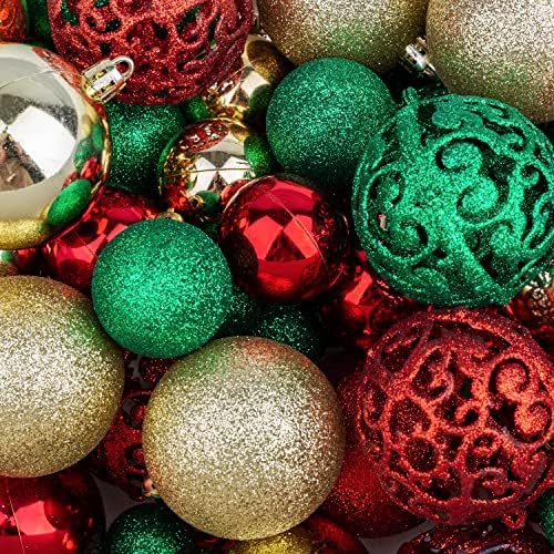 NJN 100 парчиња божиќни украси за топки, разнишани божиќни украси поставени со рачен пакет за подароци за црвено зелено и злато